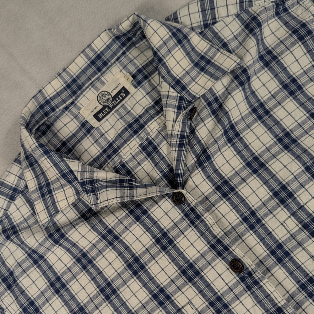 Blue Willi's Indigo Dyed Cotton Plaid Short Sleeve Button Down Shirt Large
